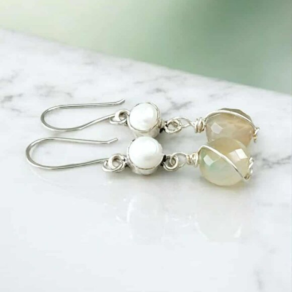 Freshwater Pearl & Faceted Agate Gemstone Dangle Earrings, Upcycled Artisan 2" - Picture 1 of 8